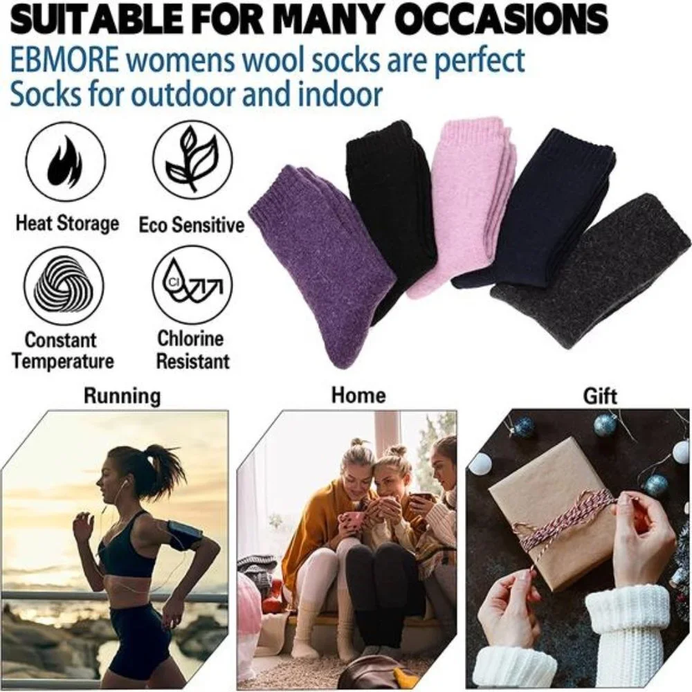 5 Pairs Women's Thermal Hiking Winter Boot Warm Thick Cozy Crew Comfy Socks